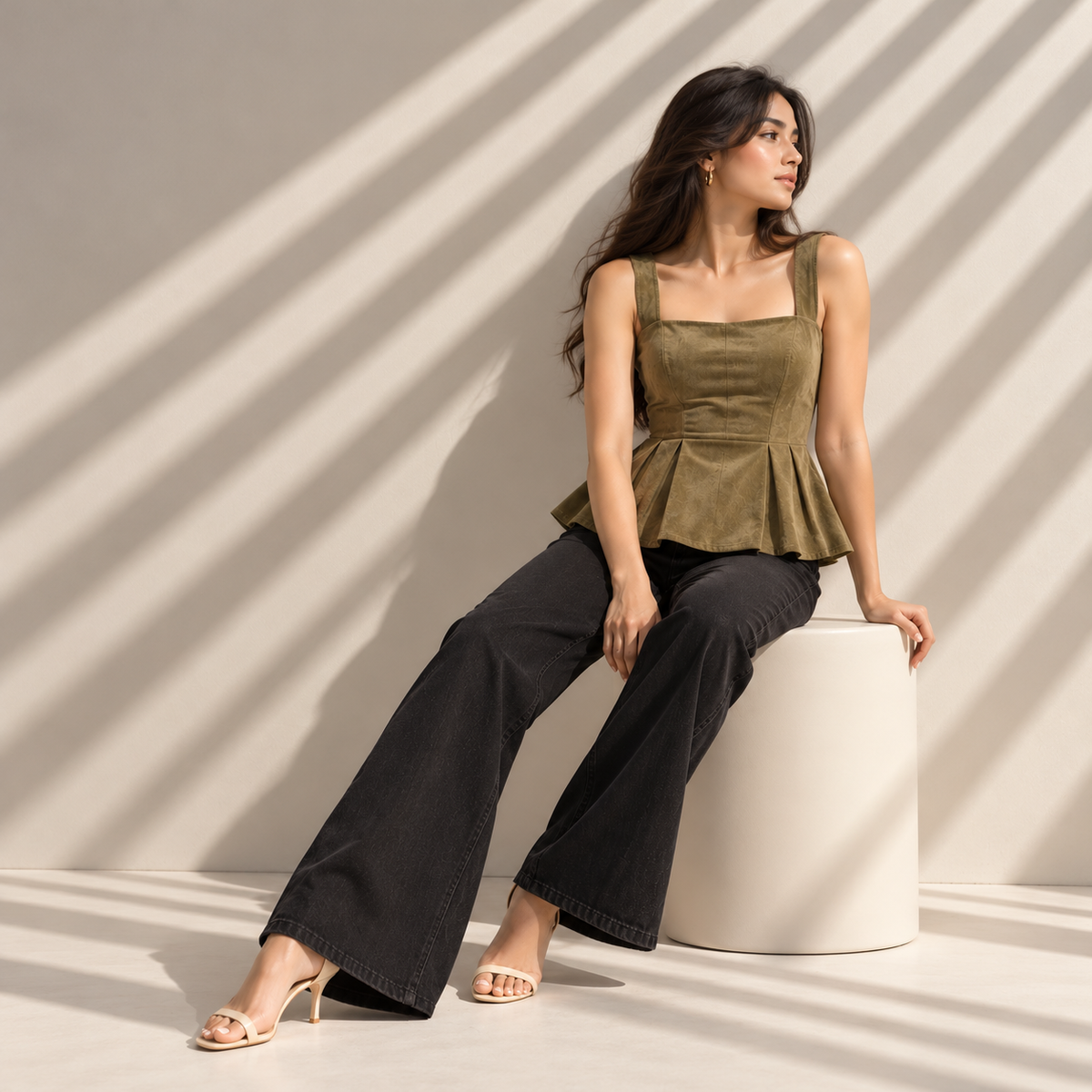 Olive Pleated Peplum Top