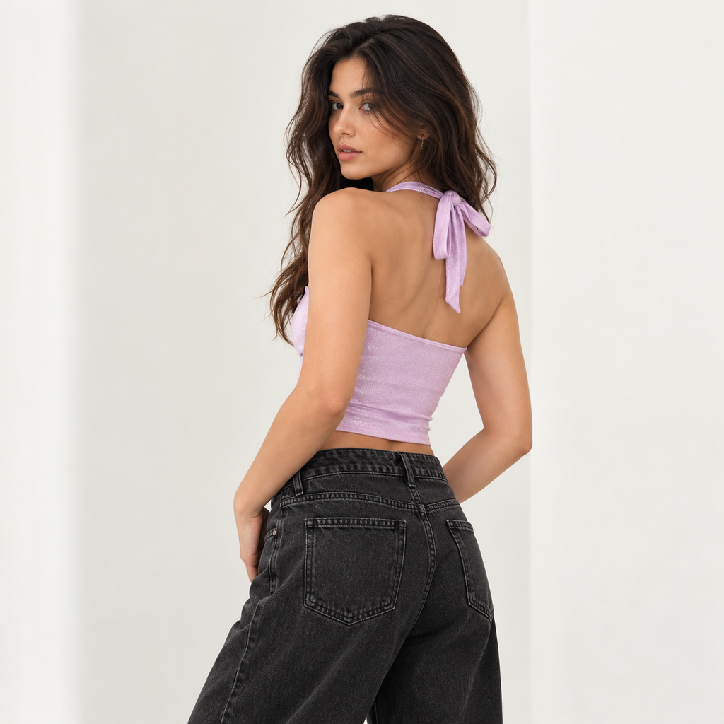 Lilac Shimmer Halter Crop Top
