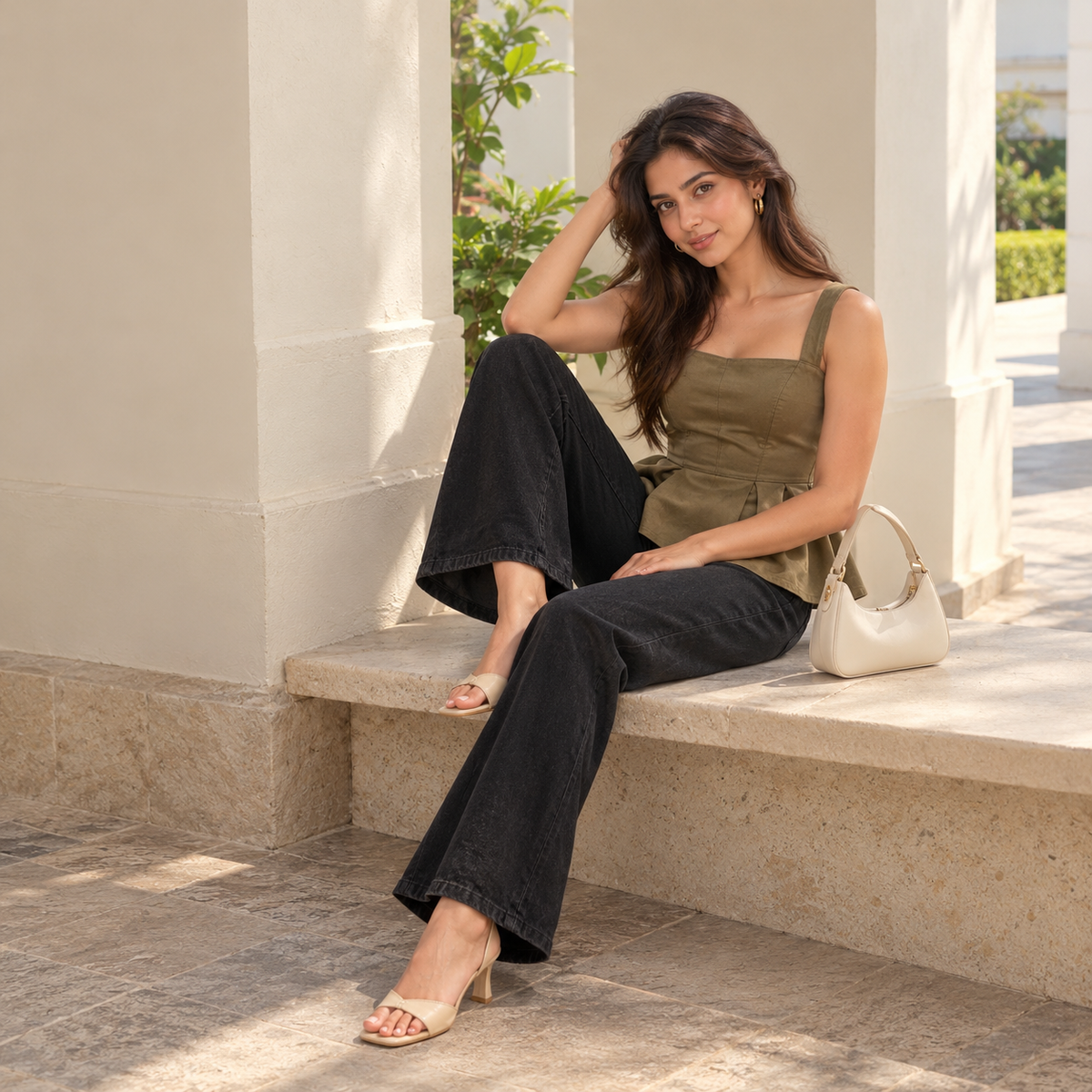Olive Pleated Peplum Top