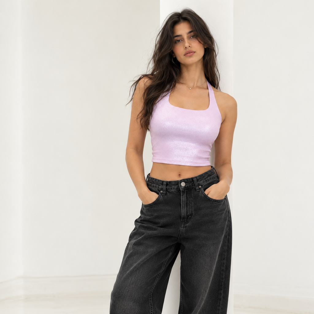 Lilac Shimmer Halter Crop Top