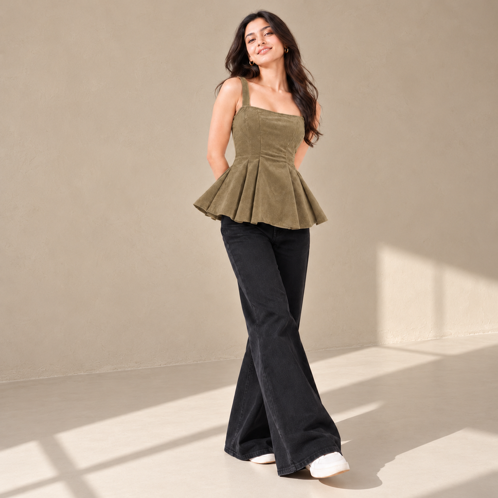 Olive Pleated Peplum Top